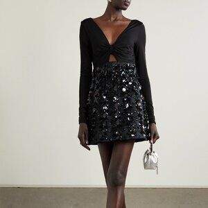 DES PHEMMES -Twist-front embellished jersey and duchesse-satin mini dress